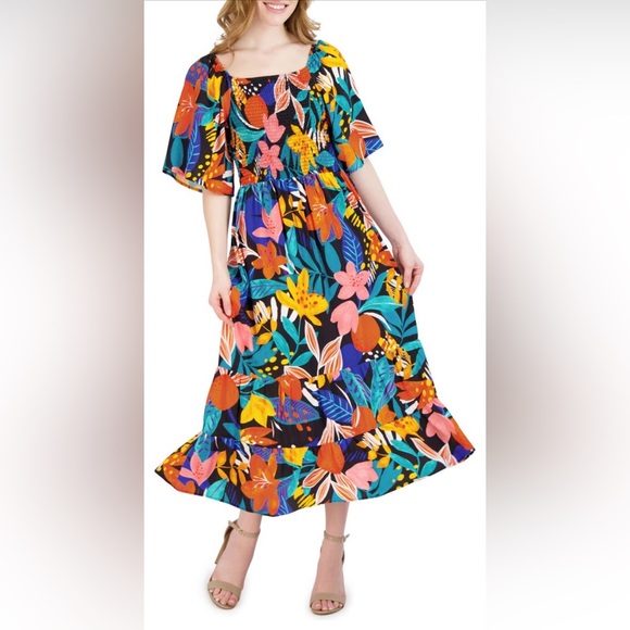 NWT Nordstrom Robbie Bee Floral Smocked Maxi Dress Small Multi Black - Picture 2 of 4